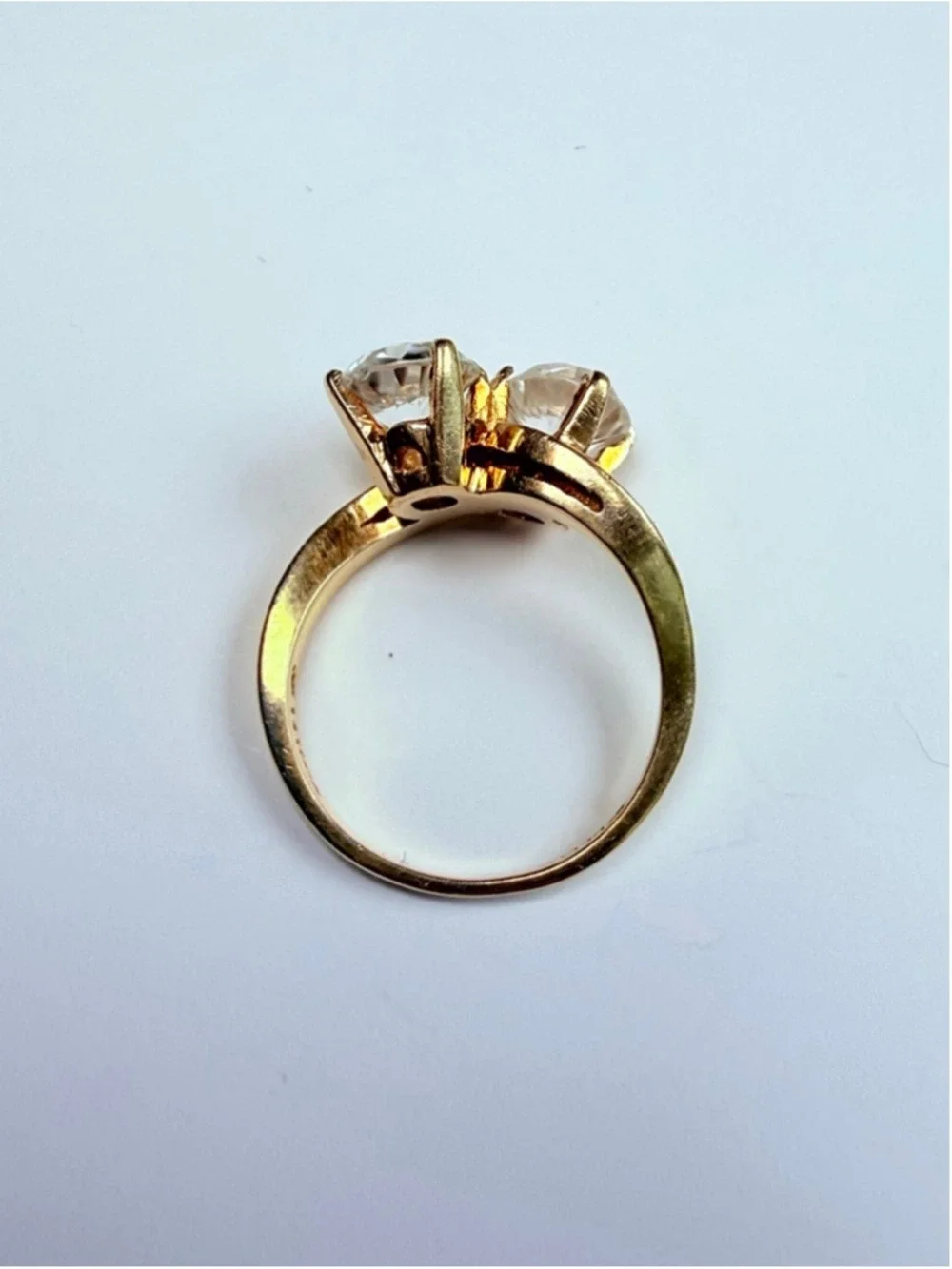 14K Solid Yellow Gold 2 CT White Topaz Toi Et Moi Art Deco Revival VTG RIng
